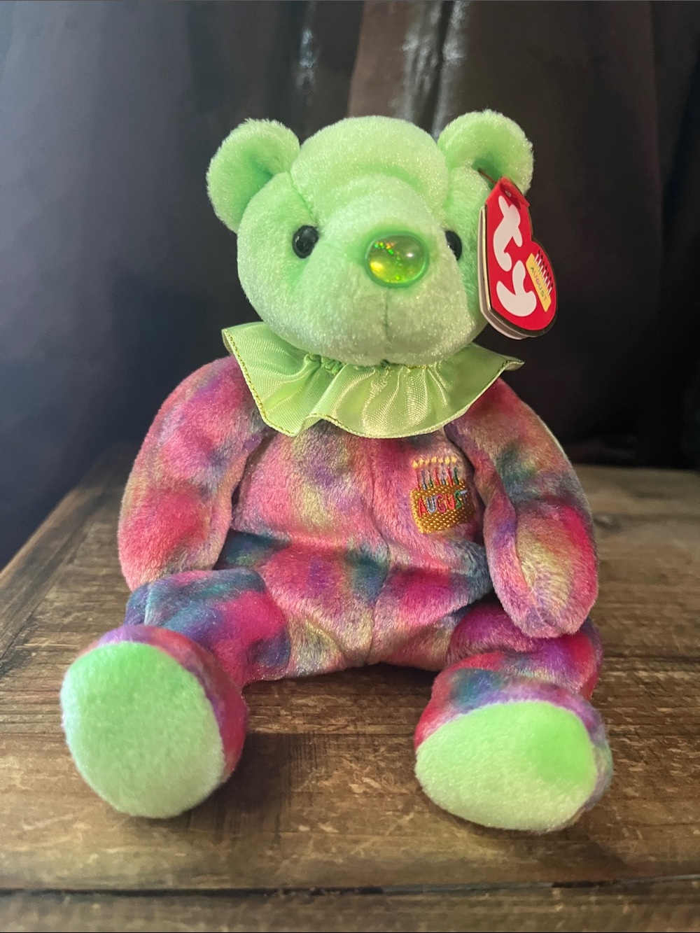 Ty August Birthday Beanie Baby “Peridot” Tie-Dye Plush Bear